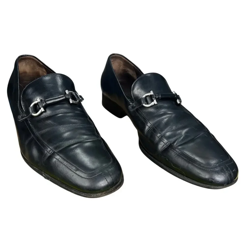Vintage Salvatore Ferragamo Gancini Black Leather Slip On Loafers Size 9 2 EE
